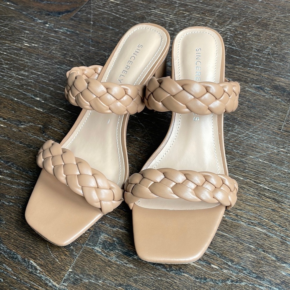 Tan braided sandals with square toe, size 7.5.